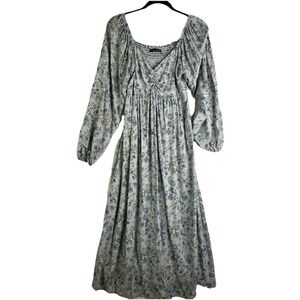 Blue Paisley Smocked Peasant Cottagecore V-Neck Baby Doll Maxi Long Boho Dress M
